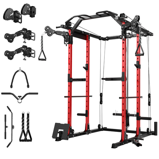 Mikolo Power Rack Cage, 1500 lbs Weight Rack with Cable Crossover Machine, Multi-Function Squat Rack with J Hooks, Dip Bars and Landmine for Home Gym (Red) Functional Trainer Arm