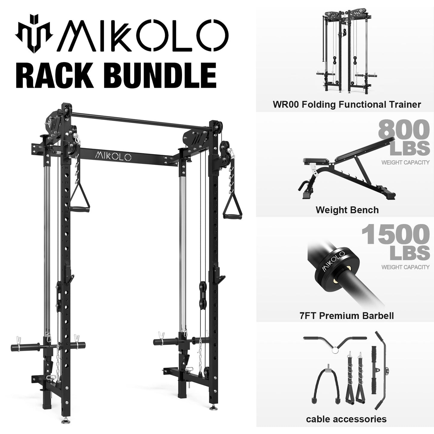 Mikolo Folding Squat Rack, Wall Mounted Power Rack with Cable Crossover Machine & LAT Pull Down Machines, Functional Trainer with 5 Adjustable Function Modes, for Home Gym and Space Saving