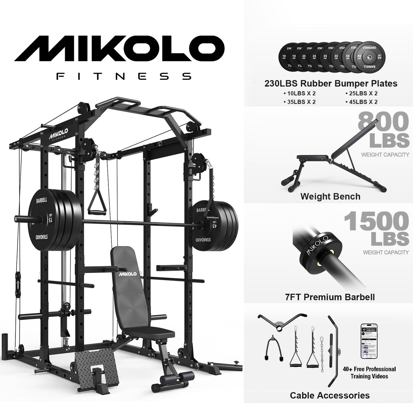 Mikolo Power Rack Cage, Weight Rack with Cable Crossover Machine,Multi-Function Squat Rack with J Hooks,Dip Bars and Landmine for Home Gym Red
