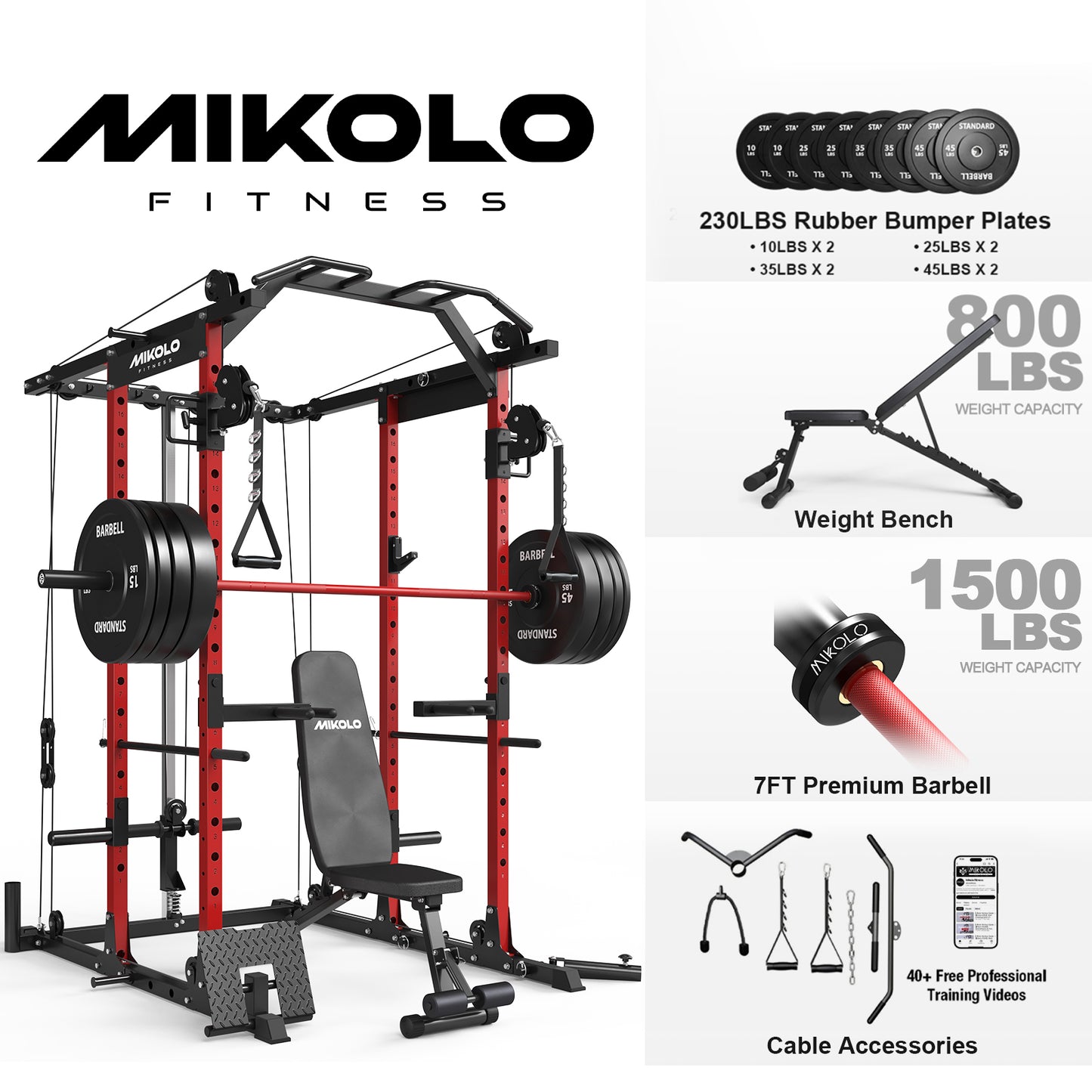 Mikolo Power Rack Cage, Weight Rack with Cable Crossover Machine,Multi-Function Squat Rack with J Hooks,Dip Bars and Landmine for Home Gym Red