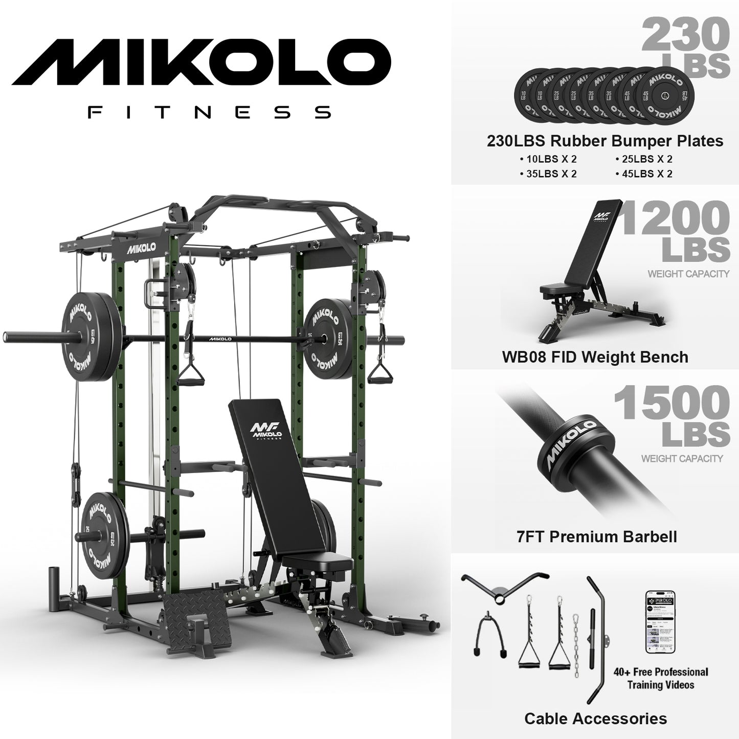 Mikolo Power Rack Cage, Weight Rack with Cable Crossover Machine,Multi-Function Squat Rack with J Hooks,Dip Bars and Landmine for Home Gym Red