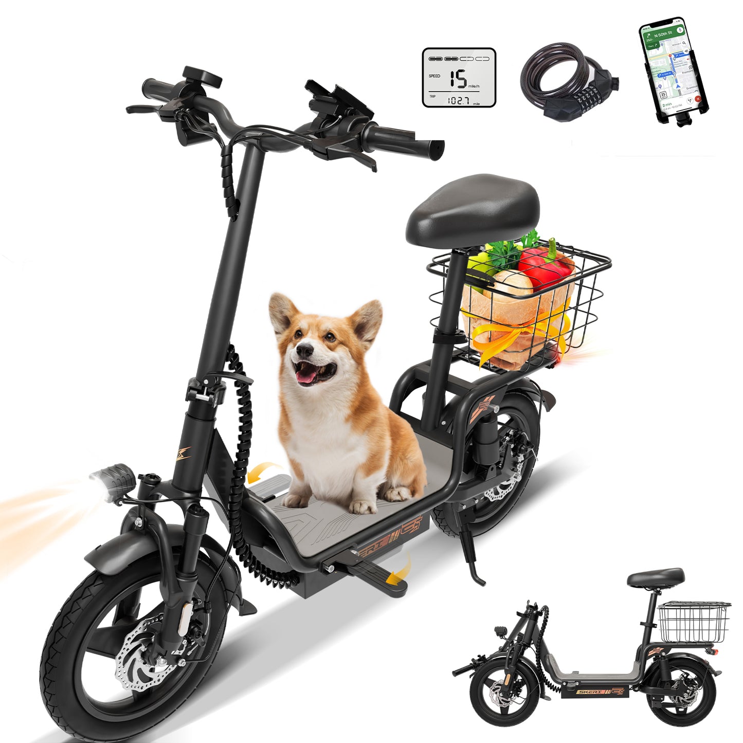 Skeri Electric Scooter Bike with Seat for Adult and Basket, 14 Inch Tire Electric Scooter with Dual Shock Absorbers, 350W Motor with 25-Mile Range, Speed Up to 20 MPH