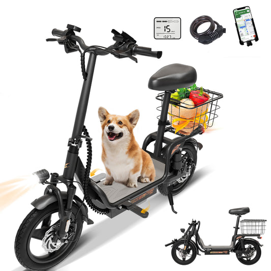 Skeri Electric Scooter Bike with Seat for Adult and Basket, 14 Inch Tire Electric Scooter with Dual Shock Absorbers, 350W Motor with 25-Mile Range, Speed Up to 20 MPH