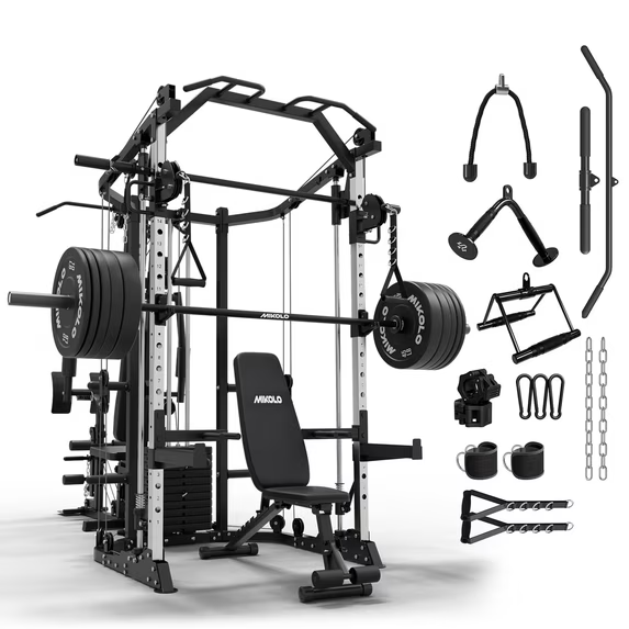 Mikolo Smith Machine Power Cage, Multi-Function Home Gym System with Cable Crossover, 121LB Weight Stack