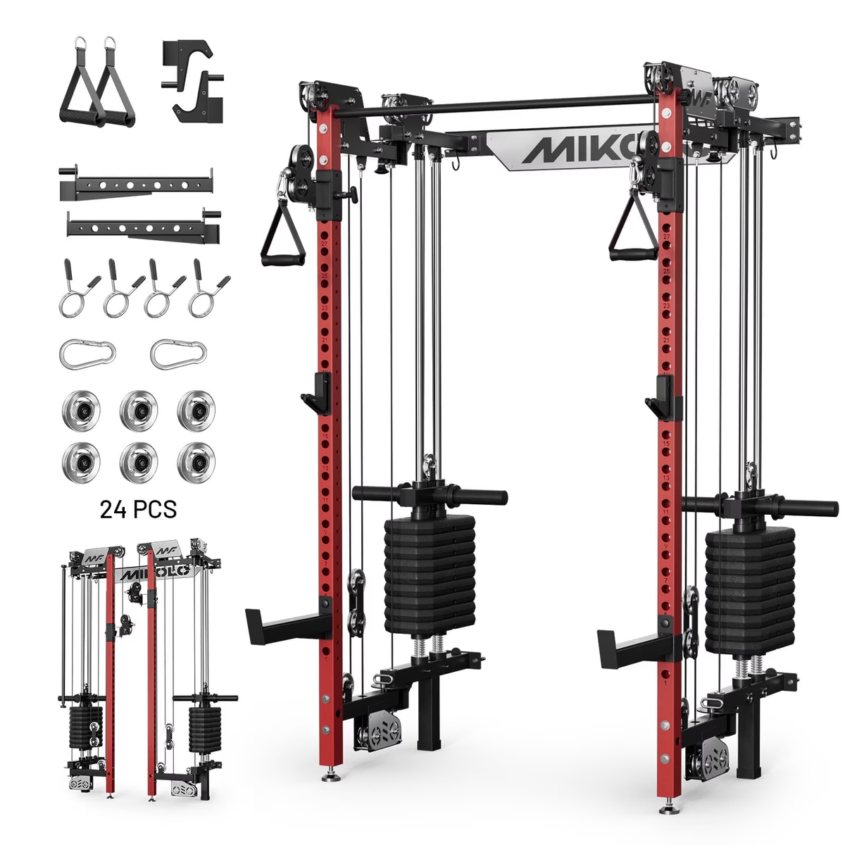 Mikolo Foldable Power Rack Cage,1000lbs Capacity Wall Mounted Squat Rack with independent pulley system, Space Saving Home Gym Equipment with 5 Adjustable Angle