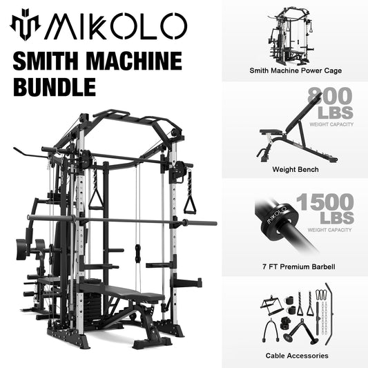 Mikolo Smith Machine Power Cage, Multi-Function Home Gym System with Cable Crossover, 121LB Weight Stack