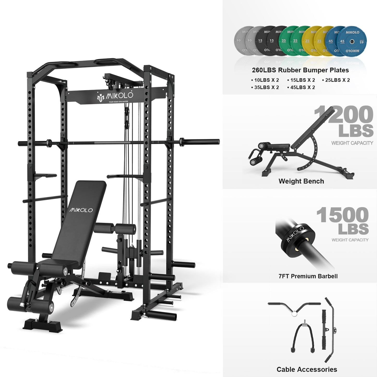 Mikolo Power Rack Cage with LAT Pulldown System,1200 lbs Capacity Power Rack with 1200 lbs Capacity Weight Bench and 1500 lbs Capacity Barbell Combo (260B)