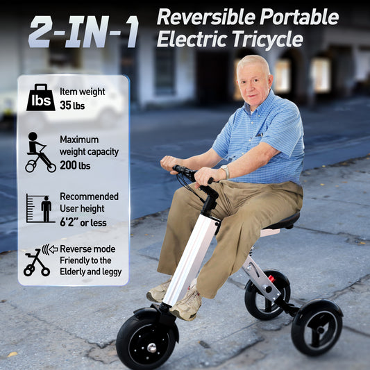 Skeri Foldable Electric Tricycle for Adults, 2-in-1 Commuter Trike With Reverse Gear, Up to 15Mph & 20 Miles 3 Wheel E-Scooter