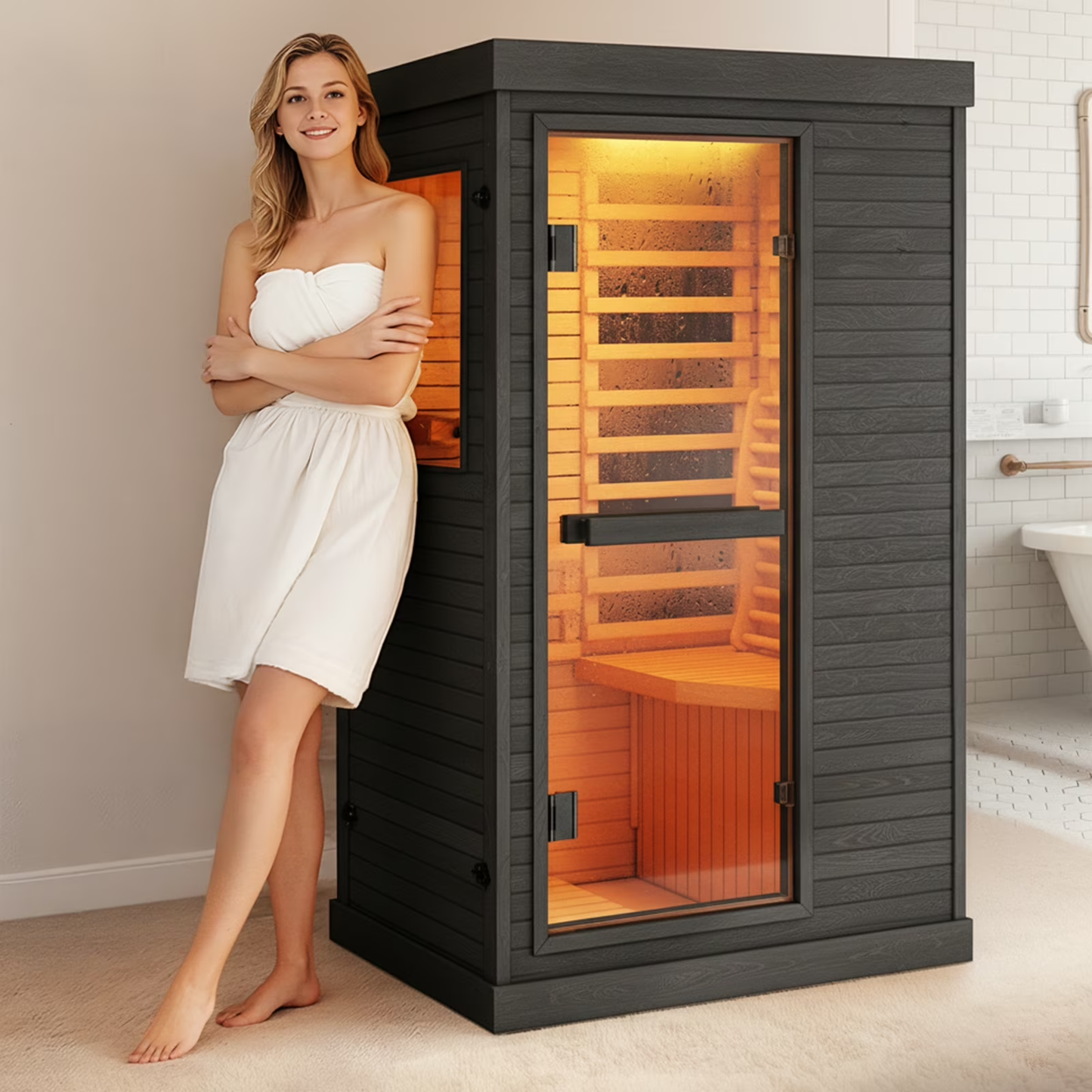 Syedee Far Infrared Sauna Home Sauna Spa Room Canadian Hemlock Wood 1000W Indoor Saunas Low EMF 110V with Control Panel and Tempered Glass Door