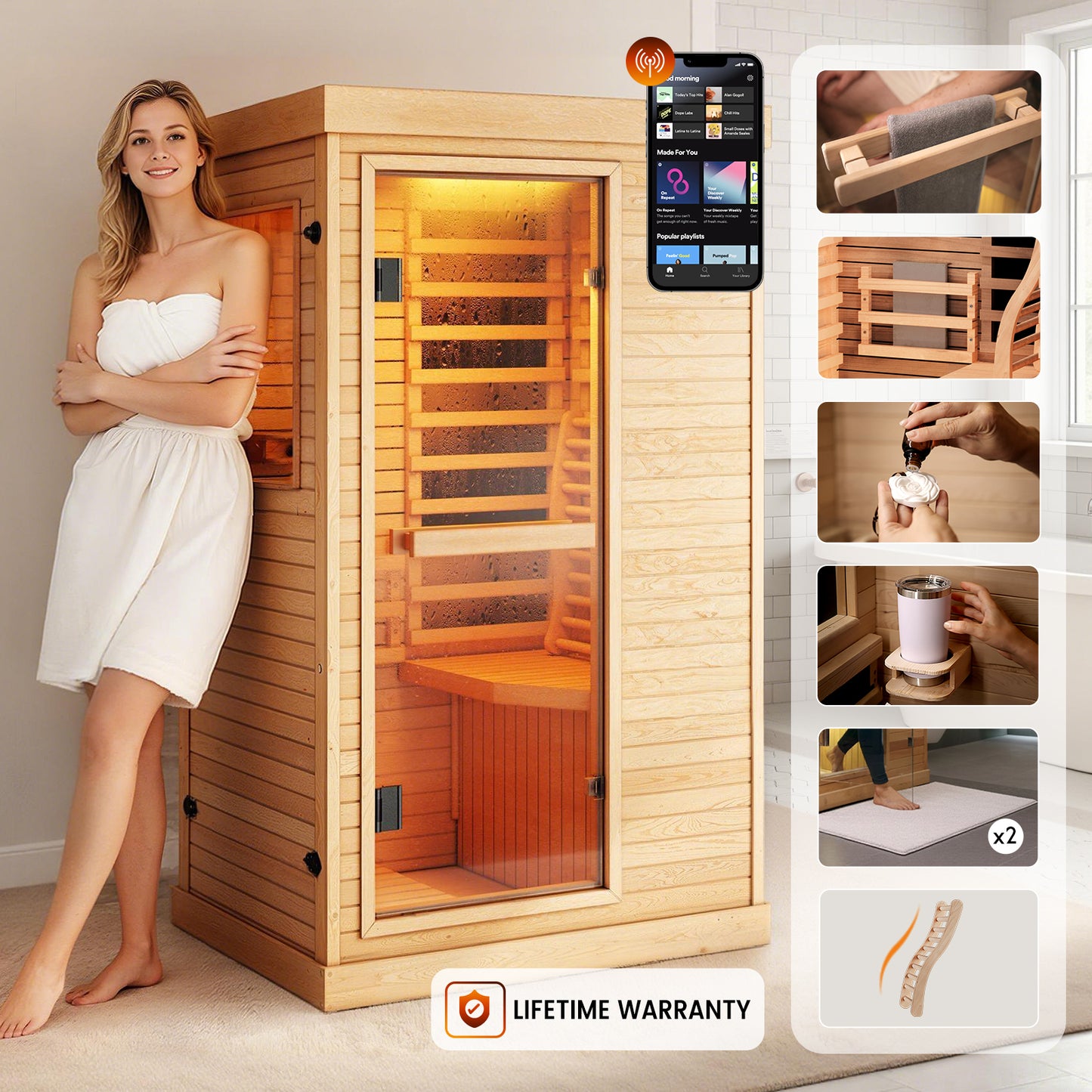 Syedee Far Infrared Sauna Home Sauna Spa Room Canadian Hemlock Wood 950W Indoor Saunas Low EMF 110V with Control Panel and Tempered Glass Door
