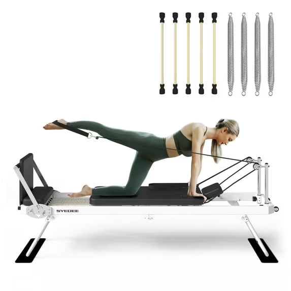 Syedee Foldable Pilates Reformer Machine for Home Workouts, Balanced Body Pilates Equipment with Adjustable Heights for Home Gym, Pilates Exercise Equipment W/ Jump Board, 4 Piano Wire Springs
