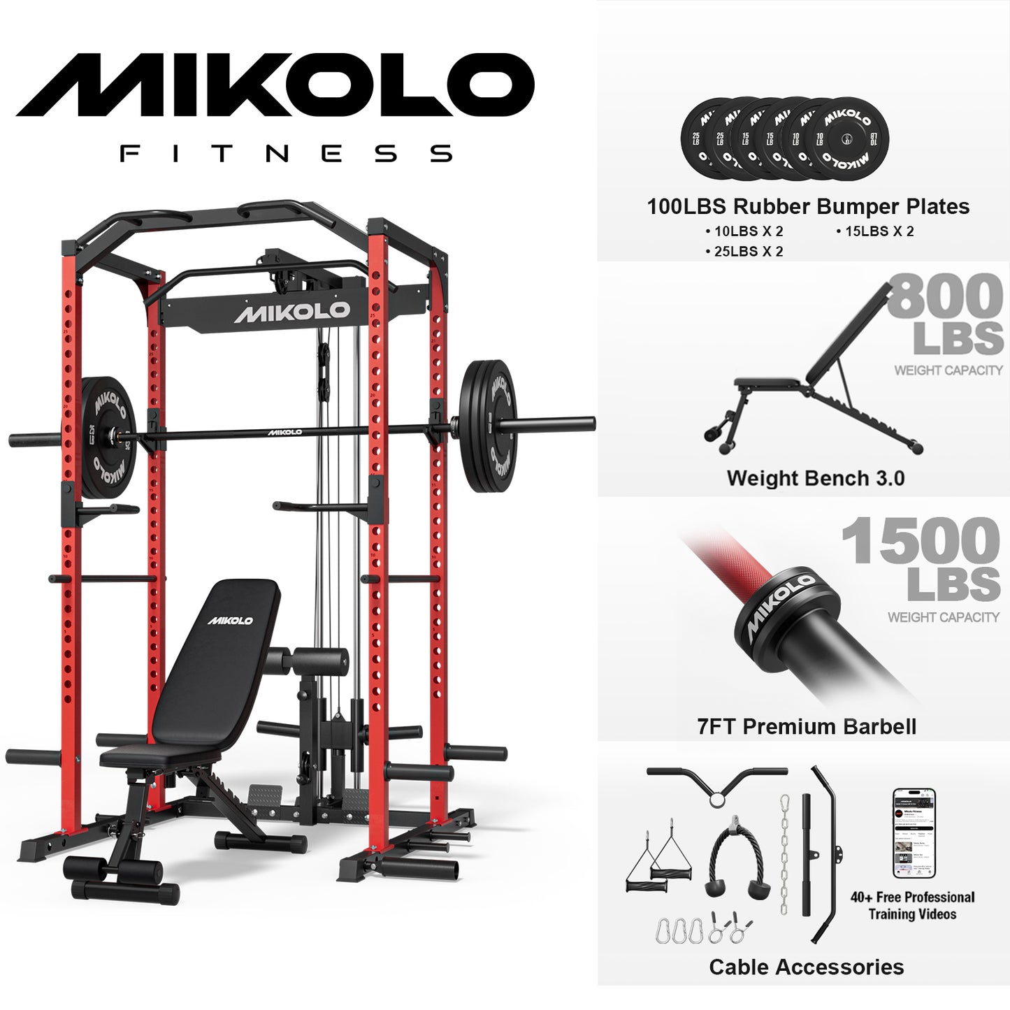 Mikolo Multi-Functional Squat Rack with LAT Pulldown System Exercise Power Cages, Metal Red
