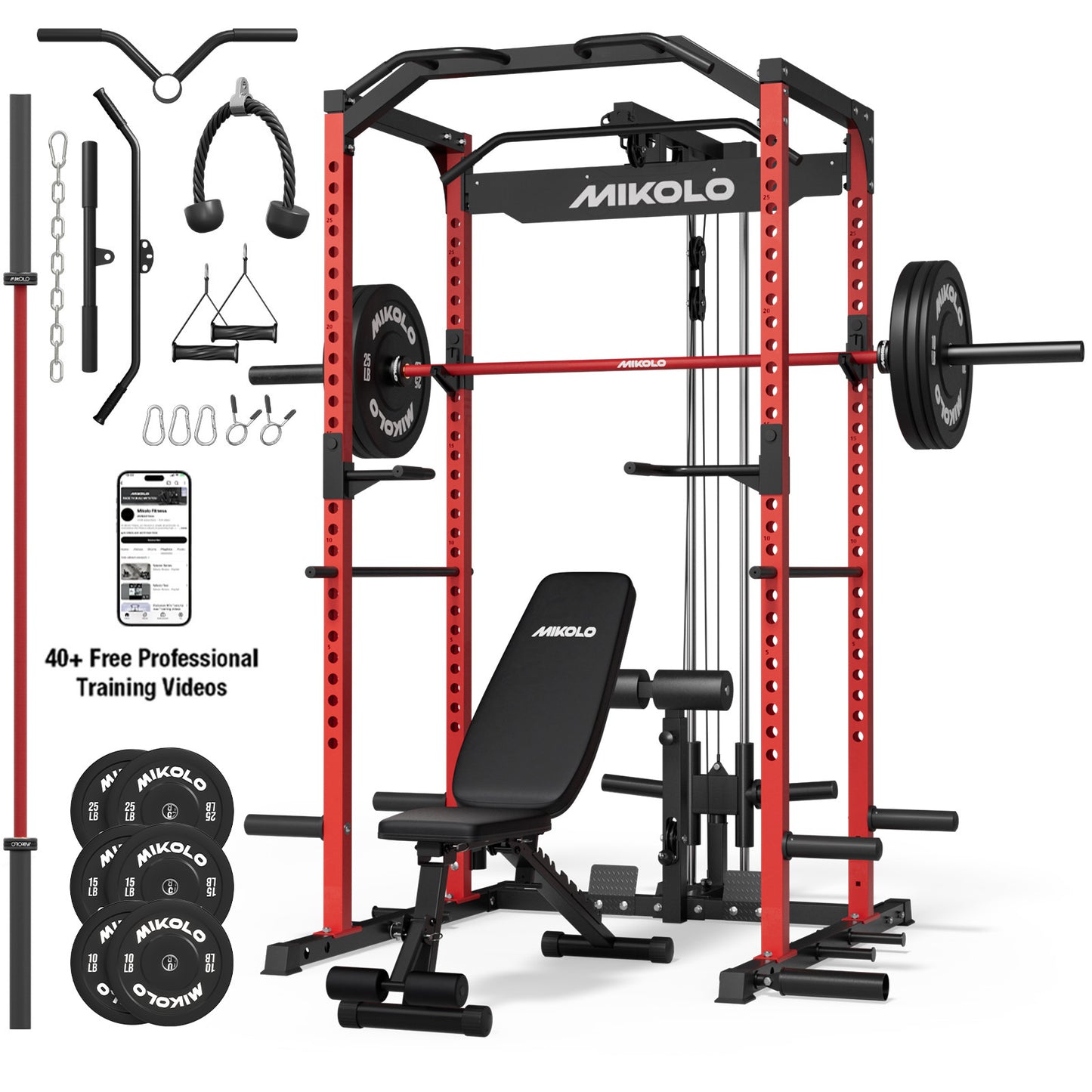 Mikolo Power Rack Cage, 1200LBS Weight Cage with 800LB Capacity Adjustable Weight Bench, 1500LB Capacity Barbell and 230LB Black Plate set
