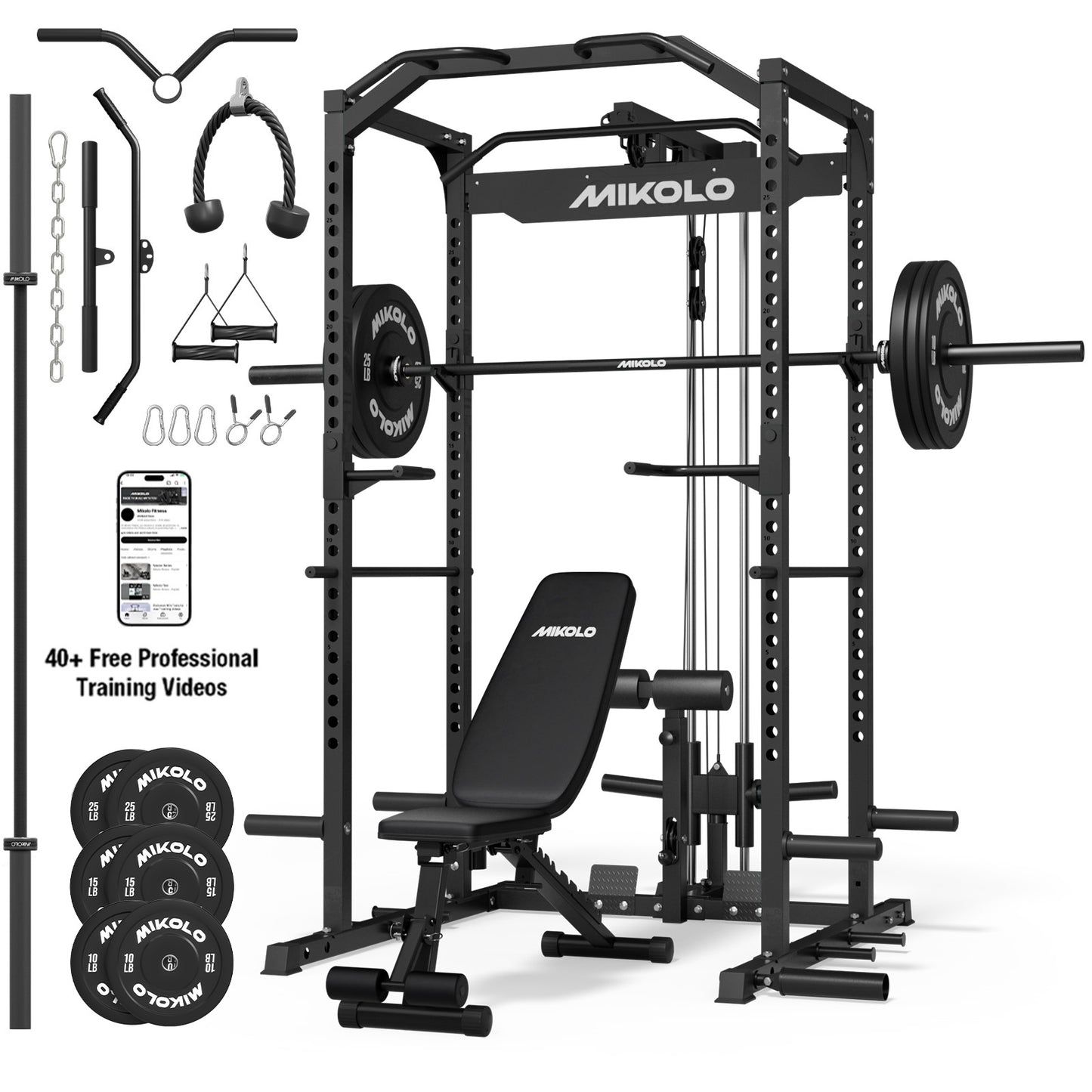 Mikolo Power Rack Cage, 1200LBS Weight Cage with 800LB Capacity Adjustable Weight Bench, 1500LB Capacity Barbell and 230LB Black Plate set