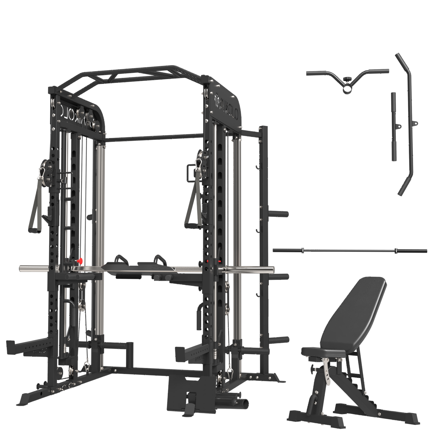 Mikolo Smith Machine, All-in-One Power Rack Cage with Adjustable Cable Crossover, Vertical Leg Press and Smith Bar, Multifunctional Squat Rack with J Hook, Spotter Arms and Other