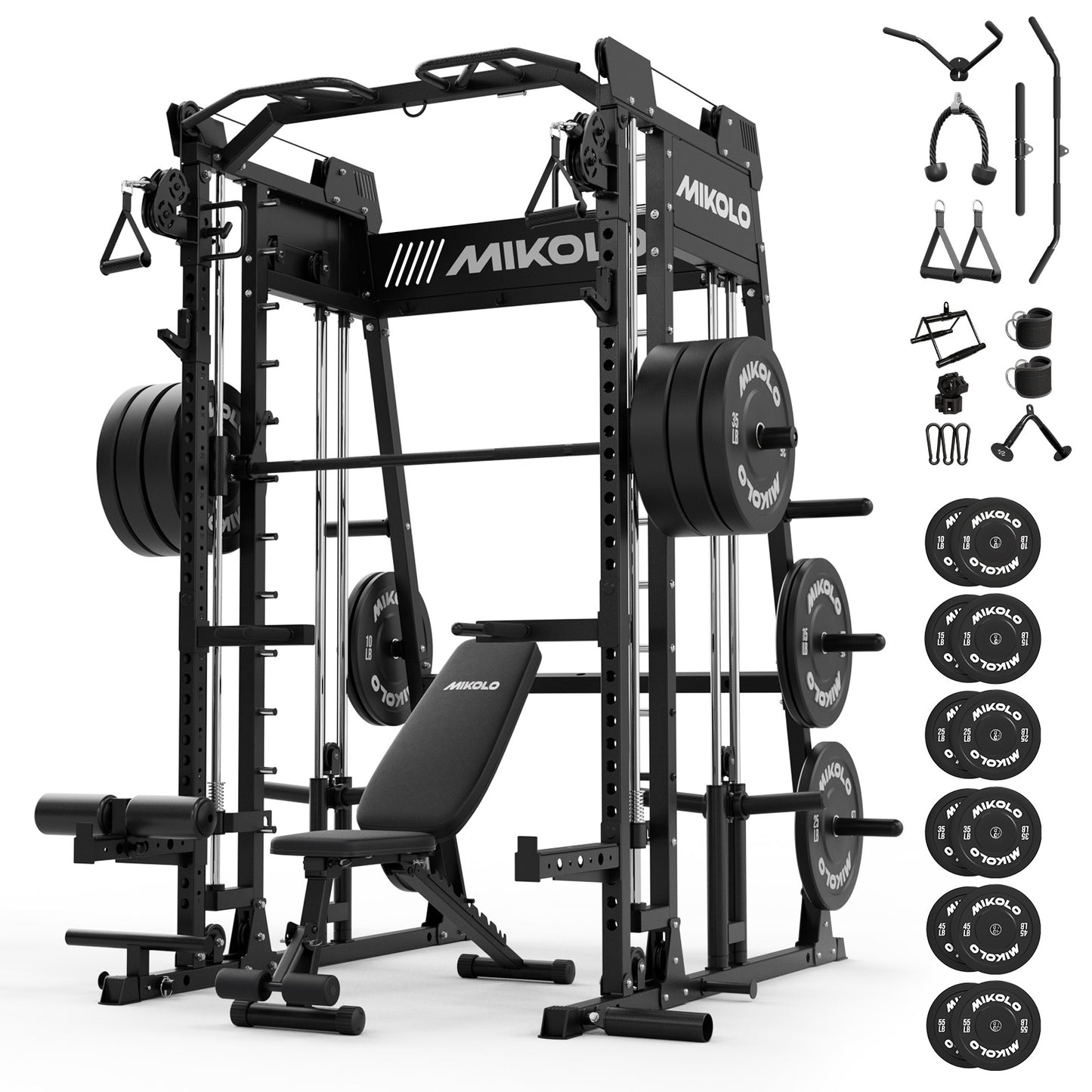 Mikolo M11 Smith Machine, Complete Starter Home Gym Package, 2200 lbs Power Rack with 230LBS Plates and Weight Bench, Total Body Strength Training Cage