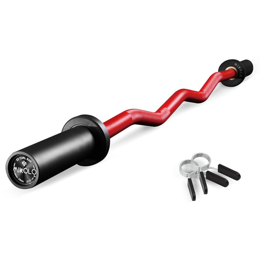 Mikolo Olympic EZ Curl Barbell Bar with Collars，2” Maintenance Free EZ Curl Bar for Weight Lifting, Biceps and Triceps, Chrome Curling Bar with Comfortable Knurl