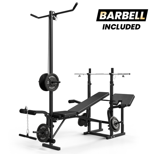 Mikolo Adjustable Weight Bench with Barbell 6 in 1 Lat Pull Down, Leg Extension and Leg Curl, Chest Fly and Preacher Curl Workout Bench Multi-Function Strength Training Bench Press Exercise Equipment