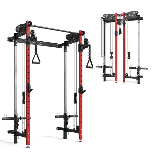 Mikolo Foldable Power Rack Cage,1000lbs Capacity Wall Mounted Squat Rack with independent pulley system, Space Saving Home Gym Equipment with 5 Adjustable Angle