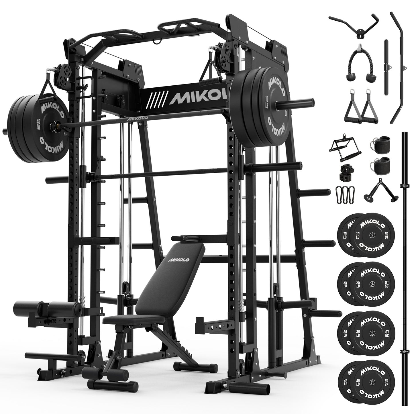Mikolo M11 Smith Machine, Complete Starter Home Gym Package, 2200 lbs Power Rack with 230LBS Plates and Weight Bench, Total Body Strength Training Cage