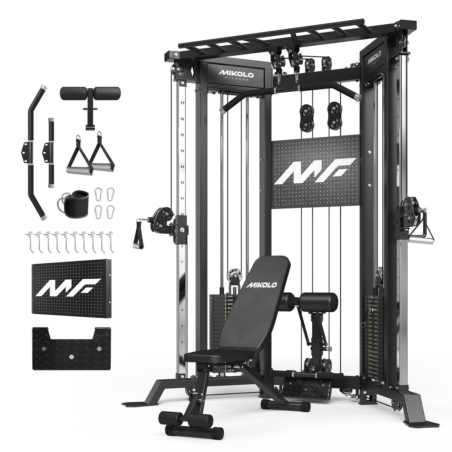 Mikolo Functional Trainer with 400lbs Weight Stack, Cable Crossover Machine with Independent Double Pulley System, 2000lbs Multi-Functional Chest Fly Machine, Lat Pulldown Machine Home Gym with 1200L