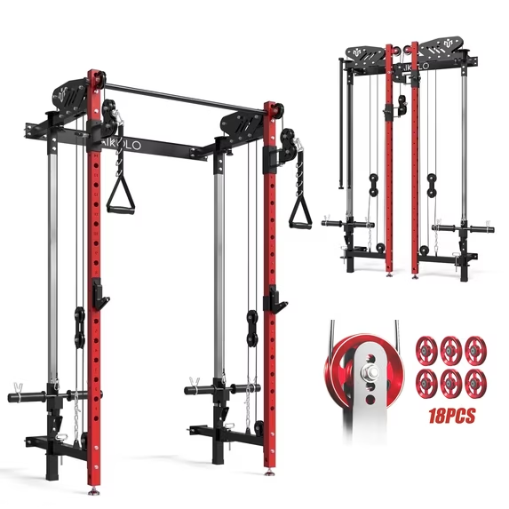 Mikolo Foldable Power Rack Cage,1000lbs Capacity Wall Mounted Squat Rack with independent pulley system, Space Saving Home Gym Equipment with 5 Adjustable Angle