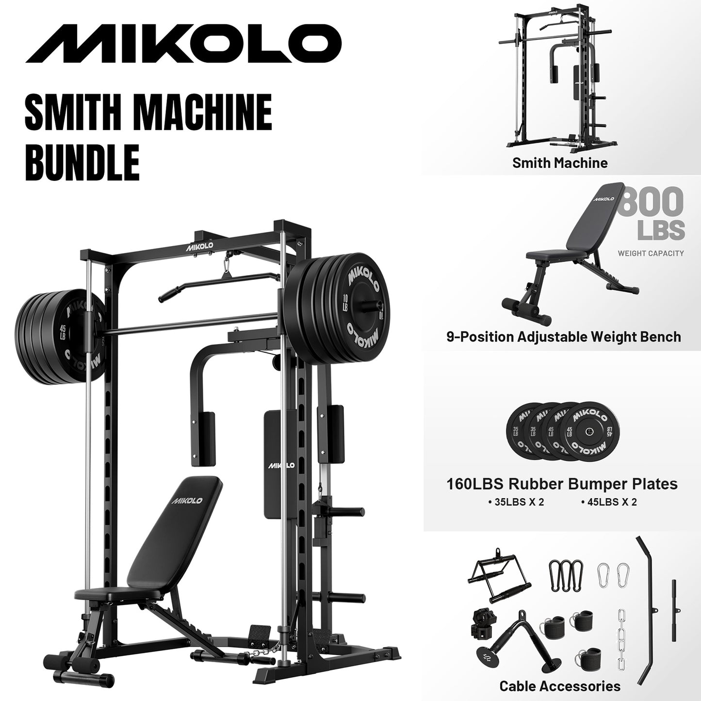 Mikolo Smith Machine Home Gym, Multi-Functional Power Rack with Pec Deck Machine, Lat Pull Down System, Low Row Station with Cable bar and Foot Board