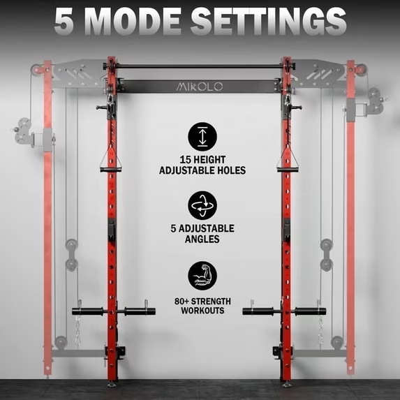 Mikolo Foldable Power Rack Cage,1000lbs Capacity Wall Mounted Squat Rack with independent pulley system, Space Saving Home Gym Equipment with 5 Adjustable Angle