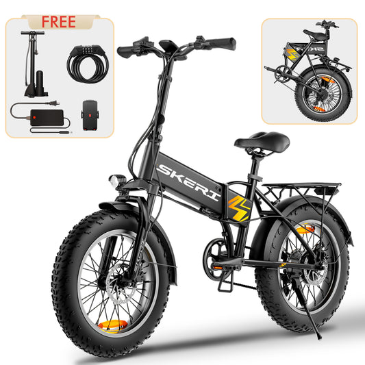 Skeri 20" Fat Tire Folding Electric Bike, Powerful 48V/18Ah battery and a 500W motor, 7-speed gears& 25-32miles& 27MPH, City Commuting & Mountain Beach E-bike with Cell Phone Holder, Pump and Anti-th