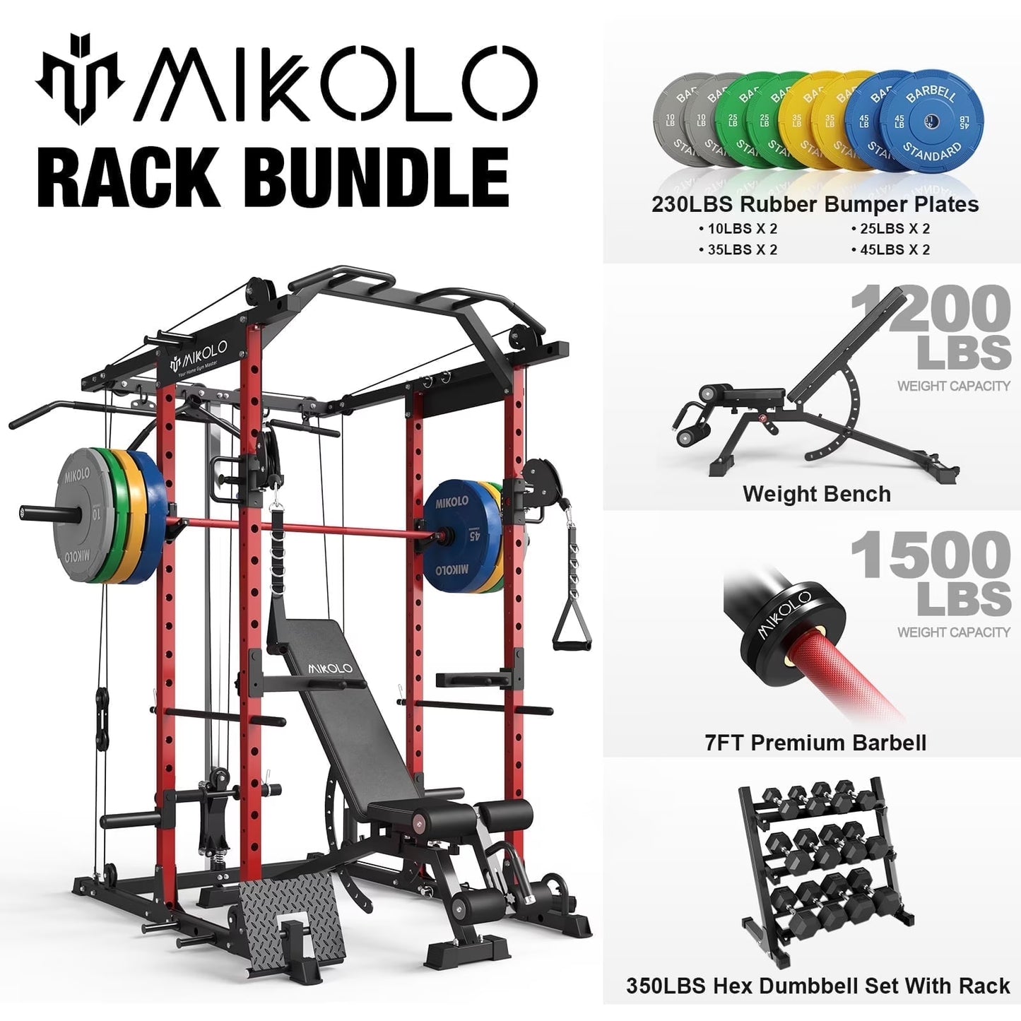 Mikolo Power Rack Cage, Weight Rack with Cable Crossover Machine,Multi-Function Squat Rack with J Hooks,Dip Bars and Landmine for Home Gym Red
