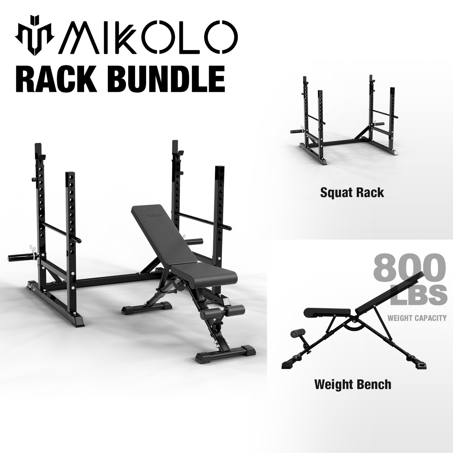 Mikolo Squat Rack, Multi-Functional Barbell Rack , Adjustable Bench Press Rack with 600 LBS Weight Capacity，Squat Cage