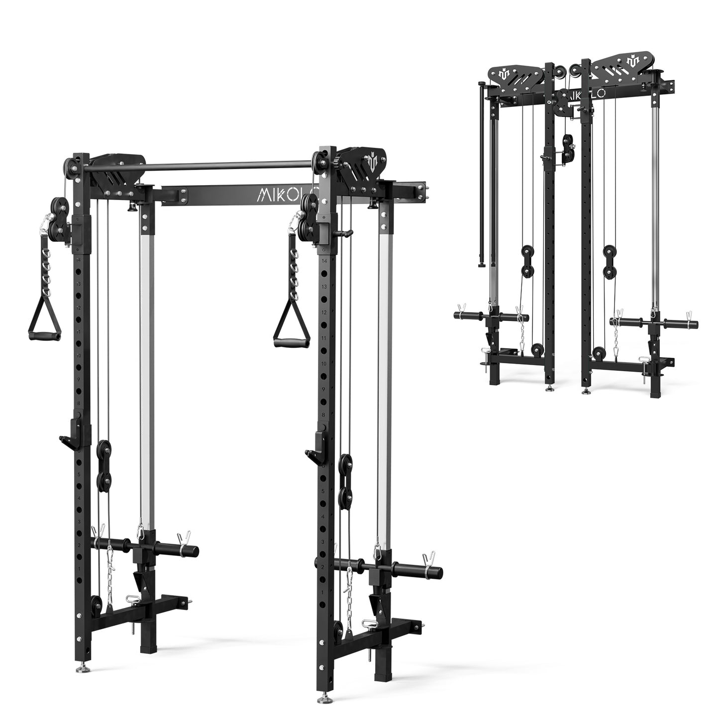 Mikolo Foldable Power Rack Cage,1000lbs Capacity Wall Mounted Squat Rack with independent pulley system, Space Saving Home Gym Equipment with 5 Adjustable Angle