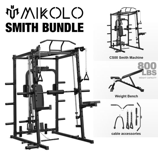 Mikolo Smith Machine, 2000LBS Power Cage Squat Rack with Chest Fly Arm, Two LAT Pull-Down Systems, Cable Crossover Machine and and More Cable Attachment for Home Gym