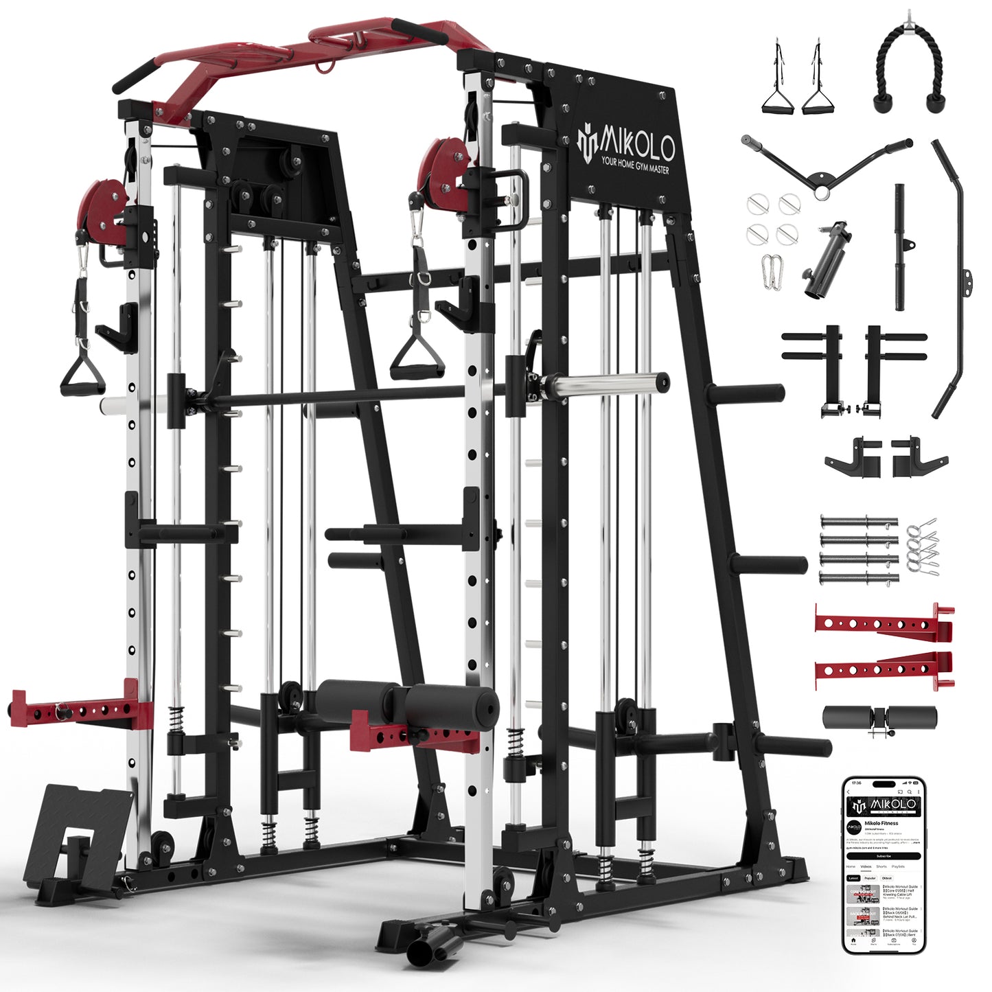 Mikolo Smith Machine Home Gym, 2200 lbs Power Rack Cage with Cable Crossover, Power Rack with 1200LB Capacity Adjustable Weight Bench and 340 lbs Weight Plate, Total Body Strength Training Equipment