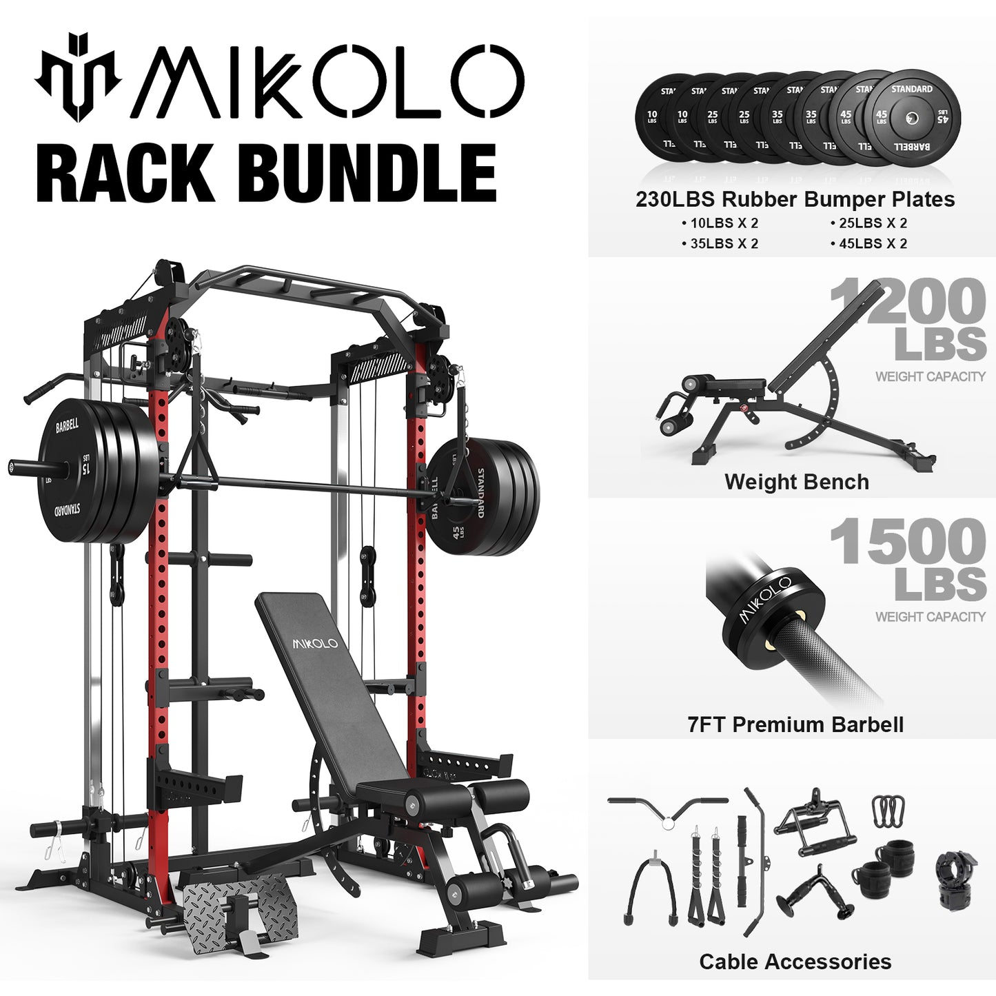 Mikolo Power Rack Cage, Squat Rack with Cable Crossover Machine, 230lbs Weight Plate, Multi-Function Power Cage with J Hooks,Dip Bars and Landmine for Home Gym