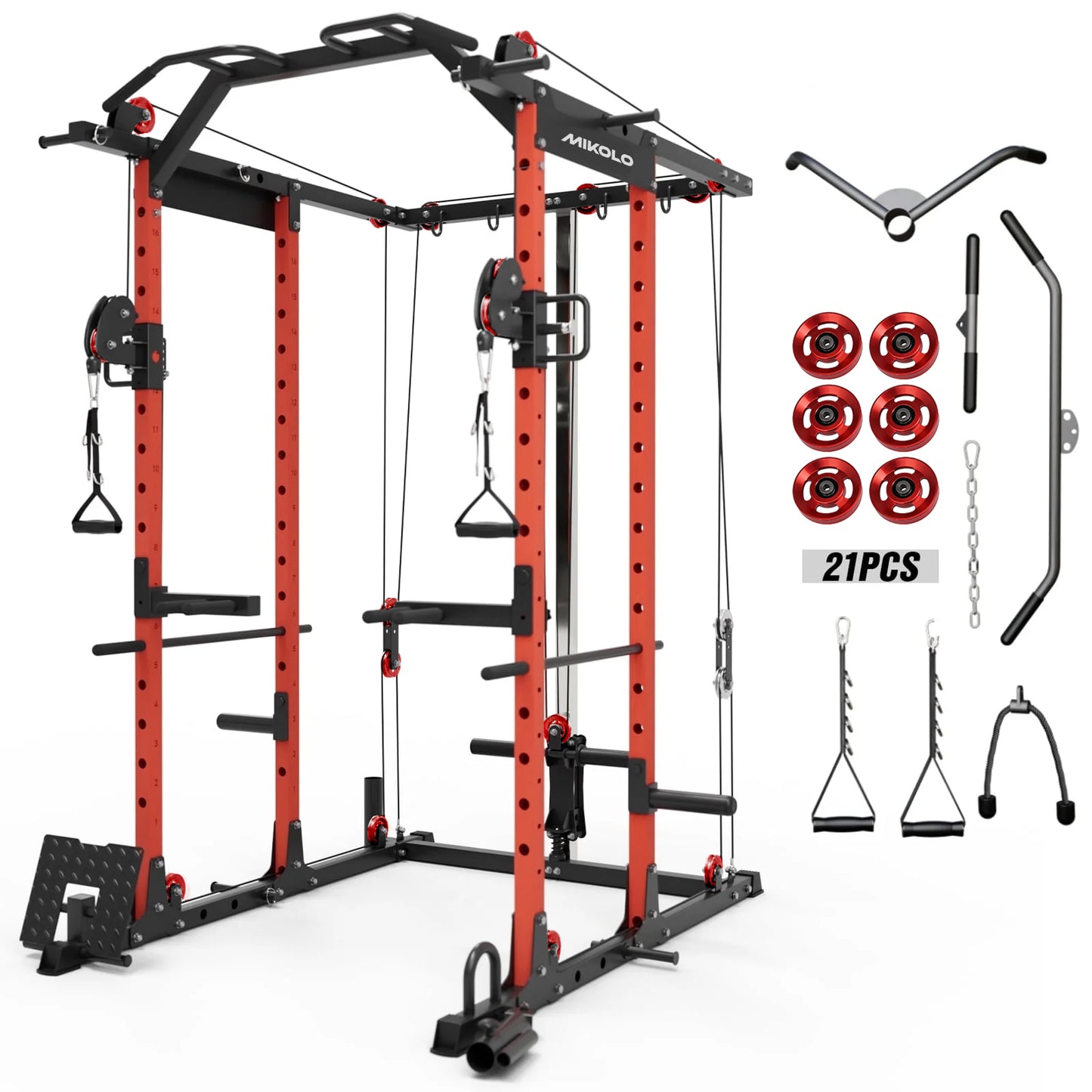 Mikolo Power Rack Cage, Weight Rack with Cable Crossover Machine,Multi-Function Squat Rack with J Hooks,Dip Bars and Landmine for Home Gym Red