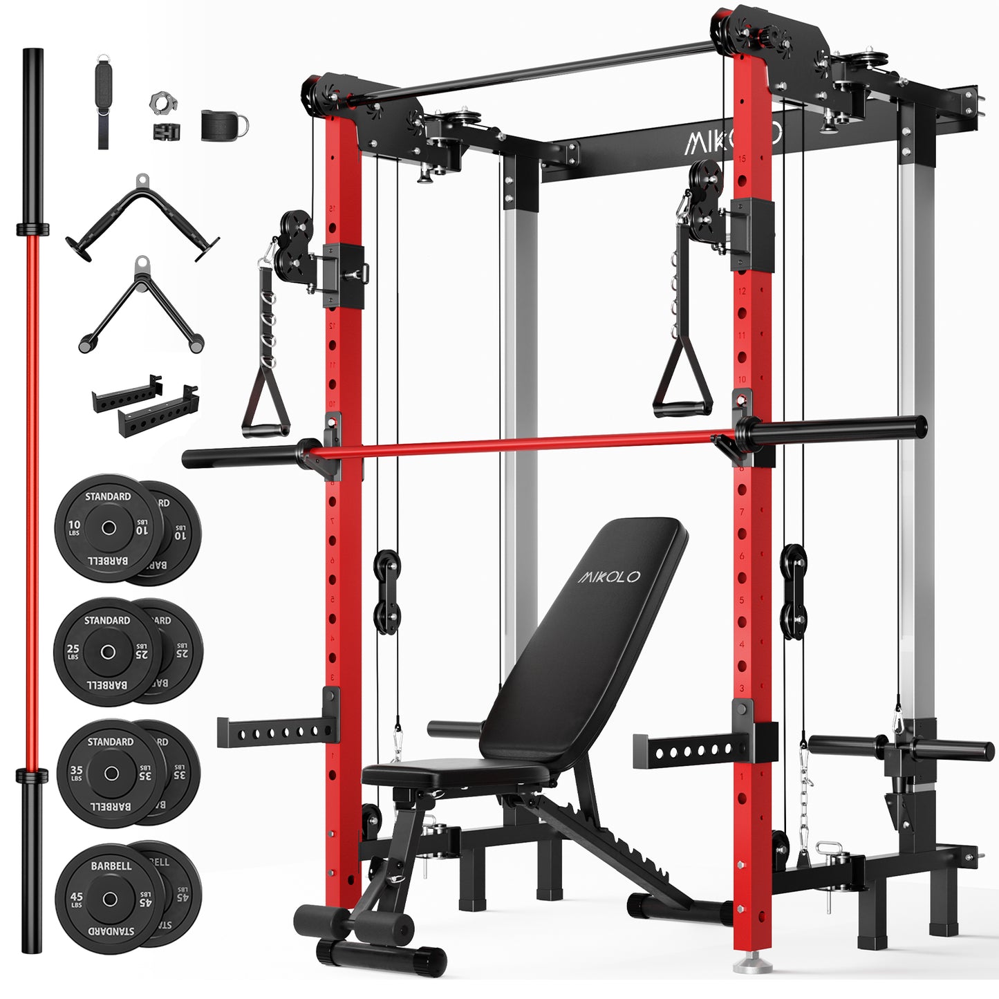 Mikolo Foldable Power Rack Cage,1000lbs Capacity Wall Mounted Squat Rack with independent pulley system, Space Saving Home Gym Equipment with 5 Adjustable Angle