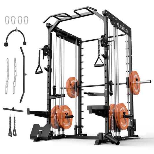 Mikolo Smith Machine, 2000 lbs Power Cage with Functional Trainer, Multi-People Home Gym Training System