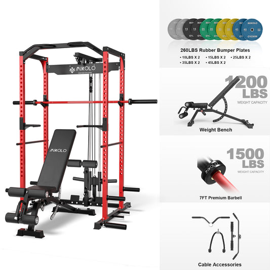 Mikolo Power Rack Cage with LAT Pulldown System,1200 lbs Capacity Power Rack with 1200 lbs Capacity Weight Bench and 1500 lbs Capacity Barbell Combo (260R)