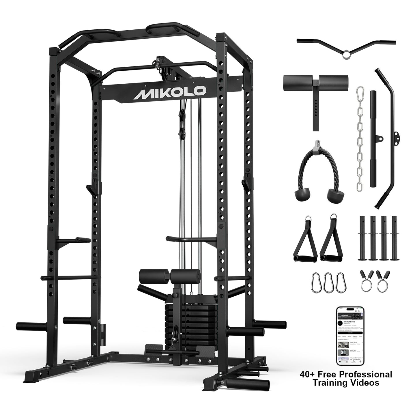 Mikolo Power Cage with Weight Stack Multi-Function Power Rack for Home Gym, Squat Rack, Cable Crossover System, for Strength Training, Red