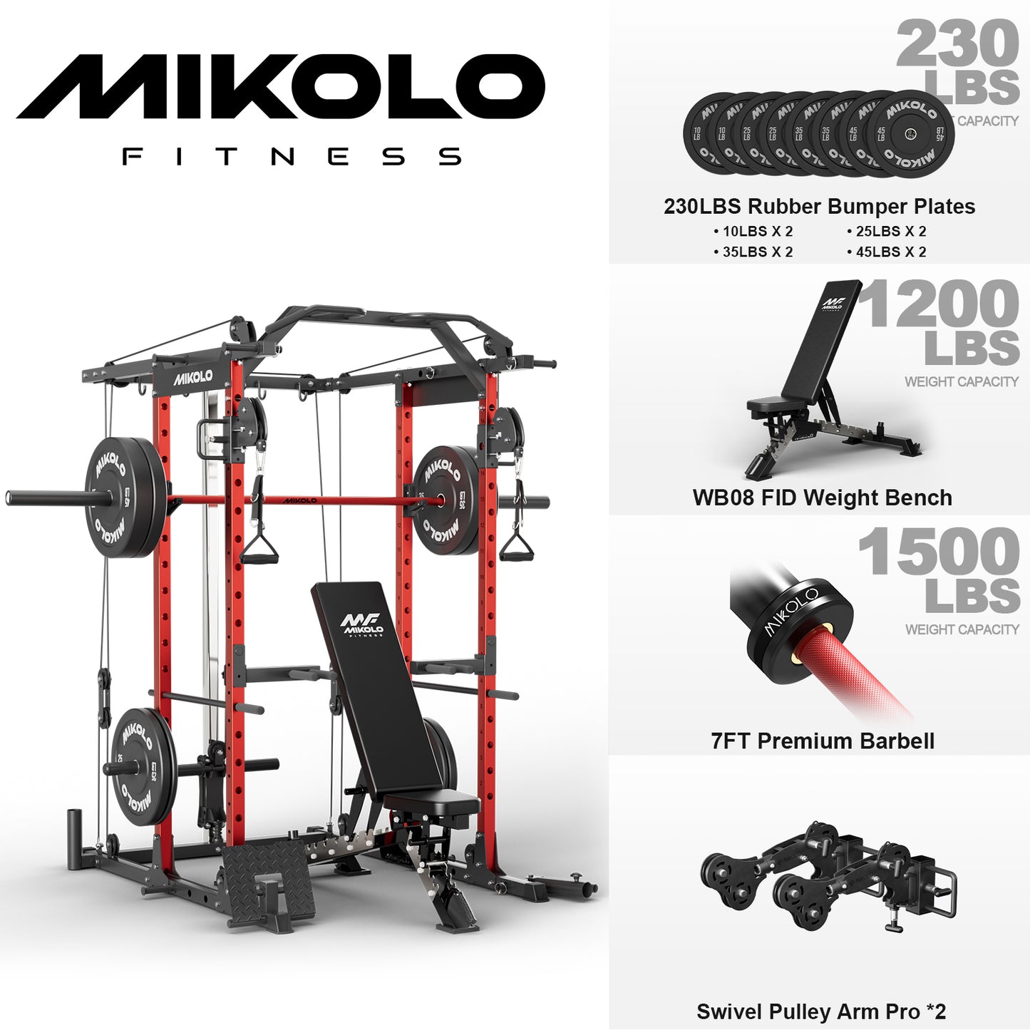 Mikolo Power Rack Cage, Weight Rack with Cable Crossover Machine,Multi-Function Squat Rack with J Hooks,Dip Bars and Landmine for Home Gym Red