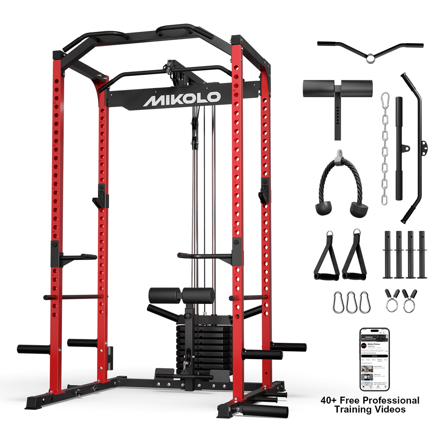 Mikolo Power Cage with Weight Stack Multi-Function Power Rack for Home Gym, Squat Rack, Cable Crossover System, for Strength Training, Red