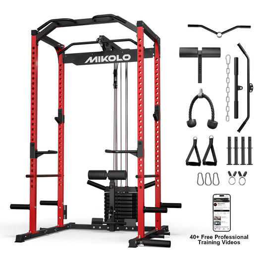 Mikolo Power Cage with Weight Stack Multi-Function Power Rack for Home Gym, Squat Rack, Cable Crossover System, for Strength Training, Red