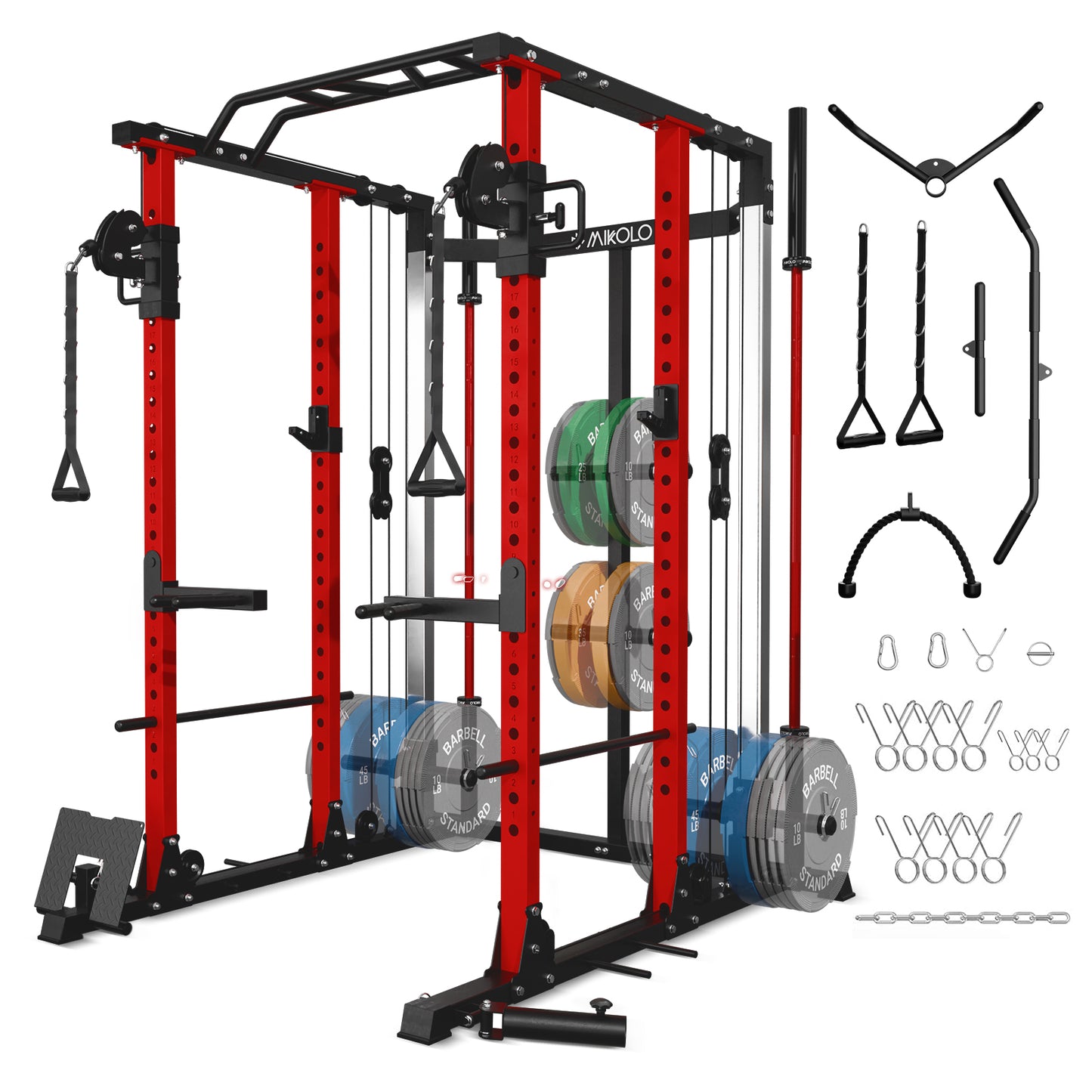 Mikolo Power Rack Cage PC07, 2200 lbs Weight Rack with Cable Crossover Machine,Multi-Function Squat Rack with J Hooks,Dip Bars and Landmine for Home Gym (Red), Plate Loaded Machine