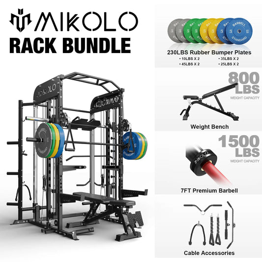 Mikolo Smith Machine, All-in-One Power Rack Cage with Adjustable Cable Crossover, Vertical Leg Press and Smith Bar with 800 lbs Capacity Weight Bench