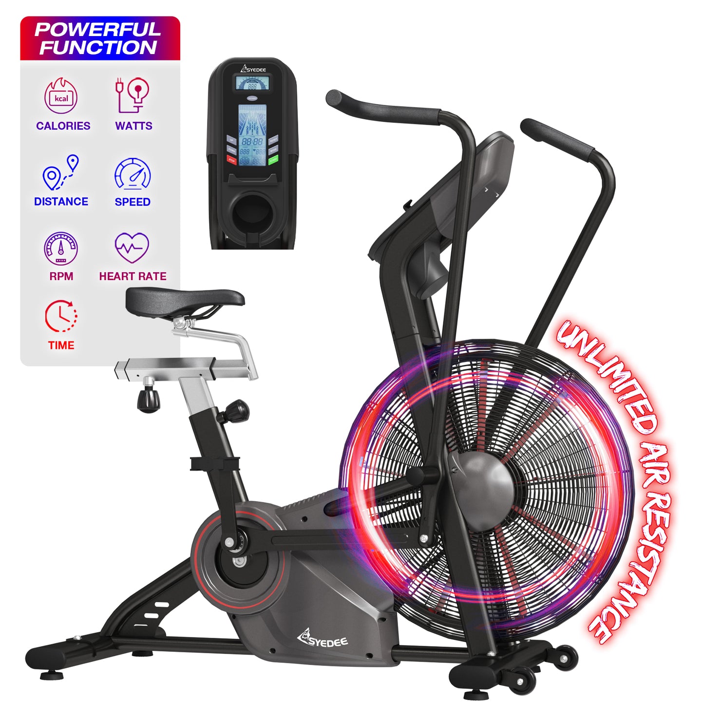 Syedee Air Bike,Unlimited Air Resistance System and Multi-Function Digital Monitor, Air Exercise Bike with Adjustable Seat