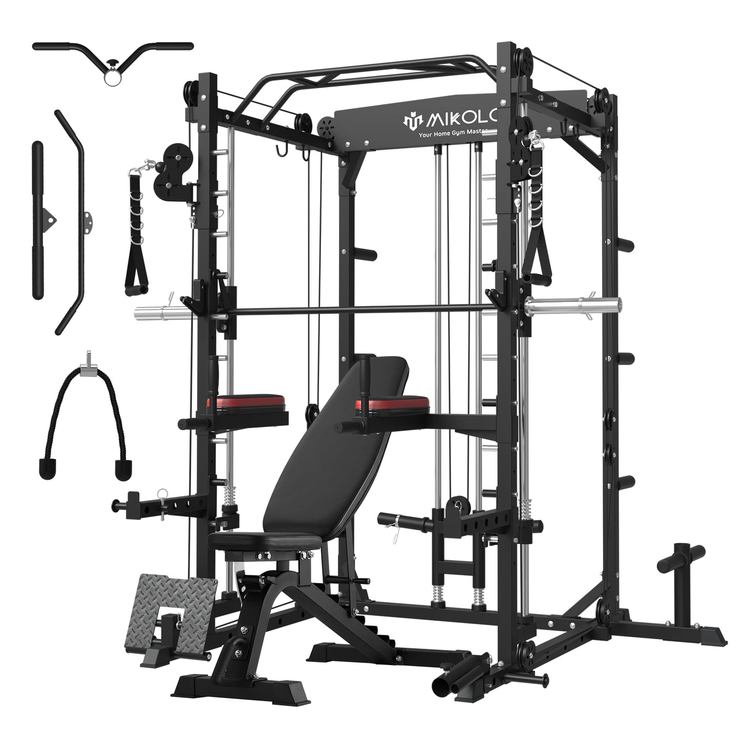 Mikolo Smith Machine Home Gym, 2000lbs Squat Rack with 800 lbs Weight Bench Combo, Training Equipment with LAT-Pull Down System & Cable Crossover Machine