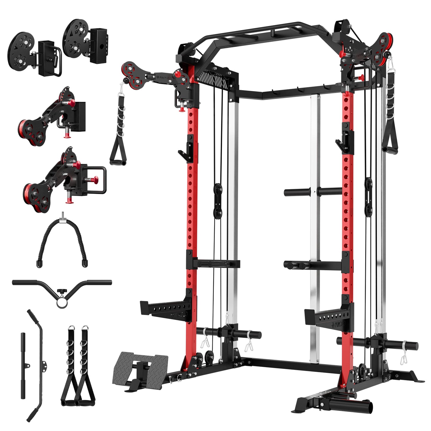 Mikolo Power Rack Cage, Weight Rack with Dual Pulley Cable Crossover Machine,Multi-Function Squat Rack with J Hooks,Dip Bars and Landmine for Home Gym, Functional Trainer Arm