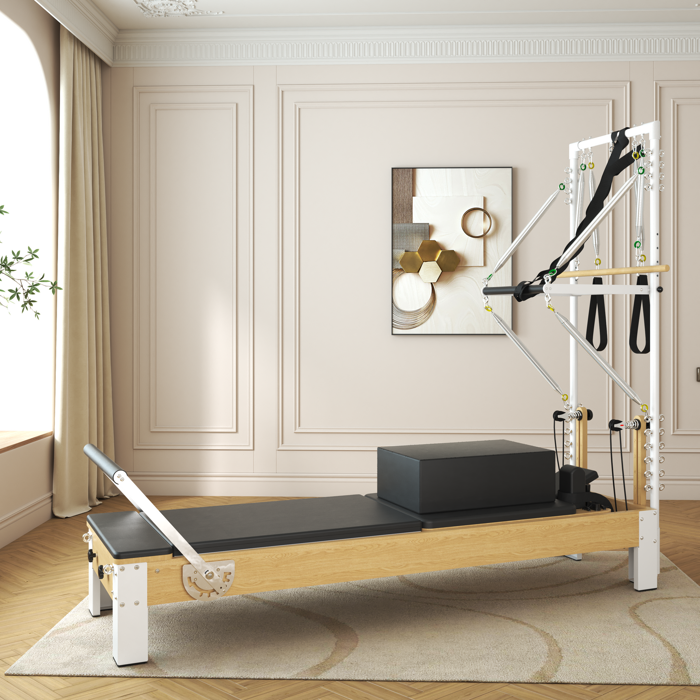 SYEDEE Pilates Reformer, Wooden Pilates Reformer Machine with Tower & Mat, Pilates Equipment for Home Workout and Studio, with Reformer Accessories, Sitting Box, Jump Board