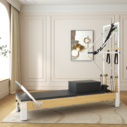 SYEDEE Pilates Reformer, Wooden Pilates Reformer Machine with Tower & Mat, Pilates Equipment for Home Workout and Studio, with Reformer Accessories, Sitting Box, Jump Board